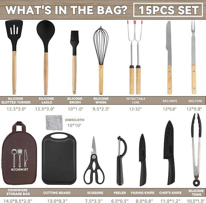 Camping Cooking Utensils Set, Silicone Cookware for Travel BBQ