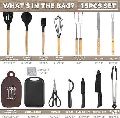 Camping Cooking Utensils Set, Silicone Cookware for Travel BBQ