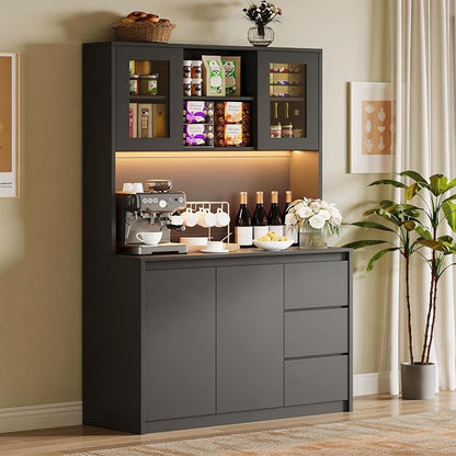 71" Kitchen Pantry Cabinet,Tall Storage Cabinet with Shelves Adjustable | Kitchen Storage Hutch with Microwave Shelf,Coffee Bar,Led Lights&Charging Station,Corner Pantry Cabinet for Living Room
