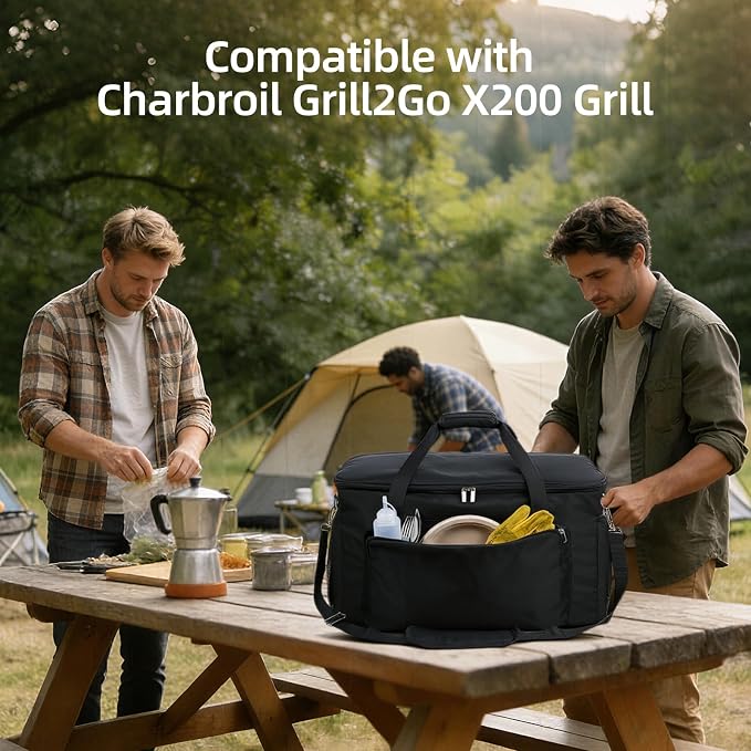 Padded Carry Bag for Charbroil Grill2Go X200 Tabletop Grill, Bag Only | Fully Lined with PE Foam, 5 Pockets, Rip-Proof Fabric, Adjustable Strap, Weather-Resistant, Portable BBQ Grill Carrying Case