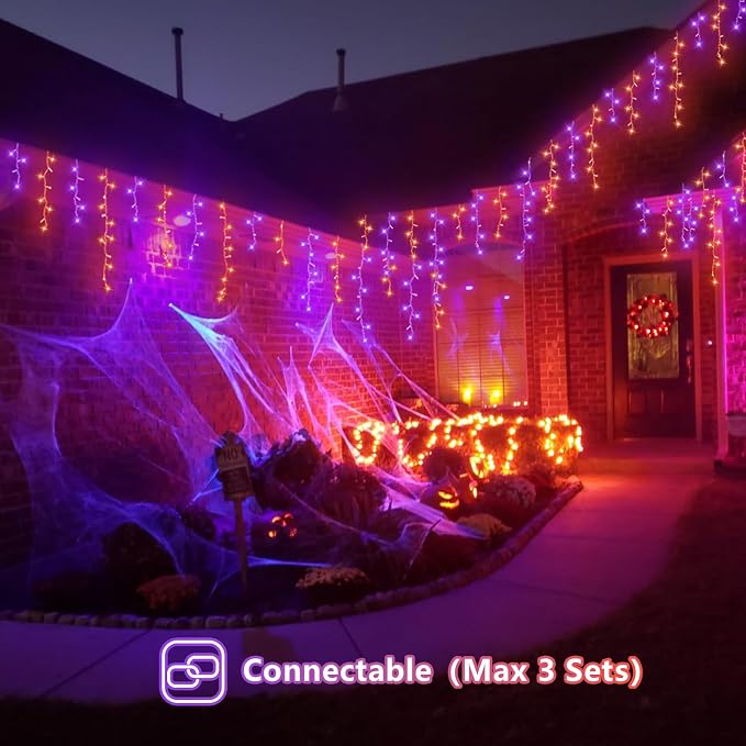 YEGUO 66ft 800 LED Orange and Purple Icicle Halloween Lights, 160 Drops Icicle Lights Connectable, 8 Modes Icicle Christmas Light with Memory Timer