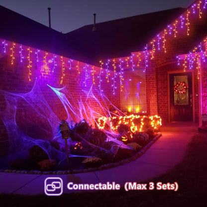 YEGUO 66ft 800 LED Orange and Purple Icicle Halloween Lights, 160 Drops Icicle Lights Connectable, 8 Modes Icicle Christmas Light with Memory Timer