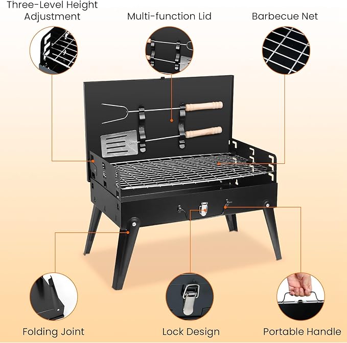 Portable Charcoal Grill - Foldable BBQ Grill with Adjustable Height & Convenient Storage for Outdoor Cooking, Picnics, Camping, and Backyard Grilling (16.7x10x17.7in)