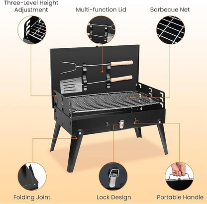 Portable Charcoal Grill - Foldable BBQ Grill with Adjustable Height & Convenient Storage for Outdoor Cooking, Picnics, Camping, and Backyard Grilling (16.7x10x17.7in)