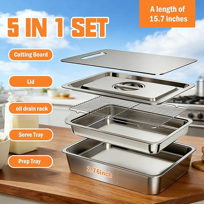 5-Piece Grill Carry System, Large Stainless Steel Grill Prep Trays for BBQ and Oven Use with Oil Drain Rack, Marinade Container with Lid, Nested Storage, Grilling Prep and Serve Trays