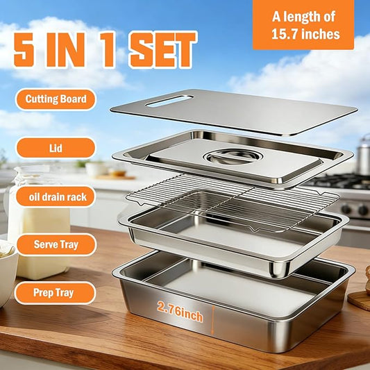 5-Piece Grill Carry System, Large Stainless Steel Grill Prep Trays for BBQ and Oven Use with Oil Drain Rack, Marinade Container with Lid, Nested Storage, Grilling Prep and Serve Trays