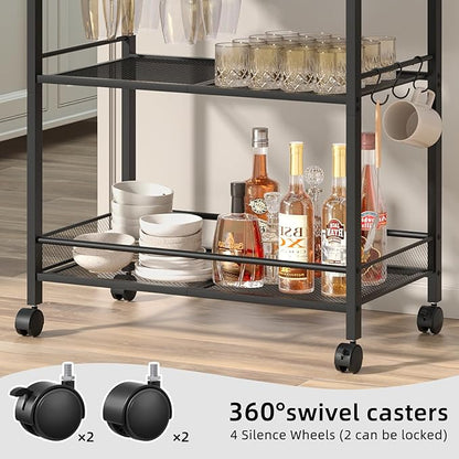 Joaxswe Bar Cart,3-Tier Home Bar Serving Cart with Lockable Wheels,Black | Microwave Cart,Mobile Kitchen Shelf,Rolling Beverage Cart with Wine Rack and Glass Holder for Kitchen,Dinning Room