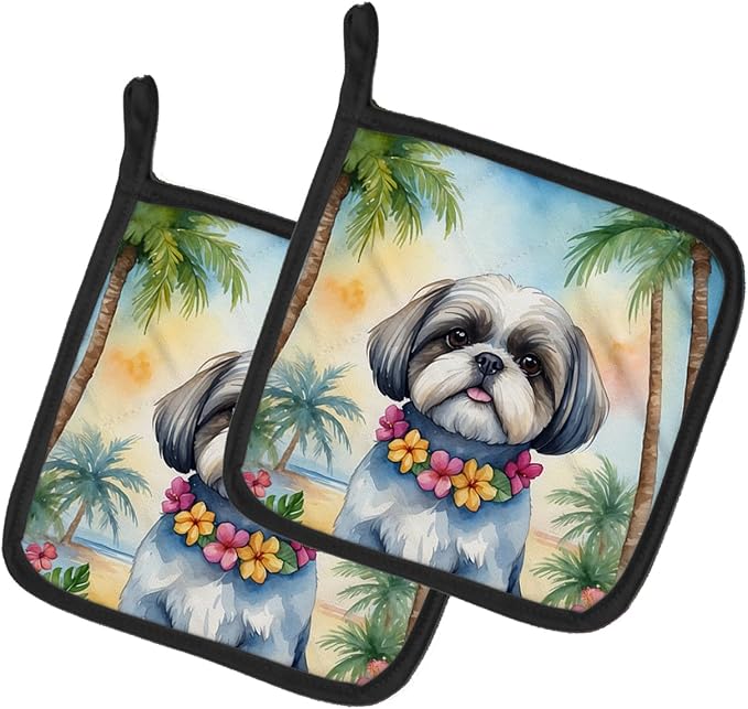 Caroline's Treasures Shih Tzu Luau Pair of Pot Holders Kitchen Heat Resistant Pot Holders Sets Oven Hot Pads for Cooking Baking BBQ, 7 1/2 x 7 1/2