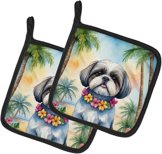 Caroline's Treasures Shih Tzu Luau Pair of Pot Holders Kitchen Heat Resistant Pot Holders Sets Oven Hot Pads for Cooking Baking BBQ, 7 1/2 x 7 1/2