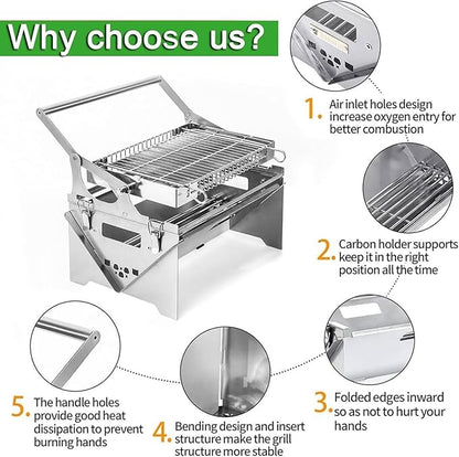 Portable 360°Rotating Charcoal Grill,Portable BBQ with Removable Tray & Adjustable Steel Frame, 3-Position Height Adjustment,Easy to Disassemble,Easy to Transport