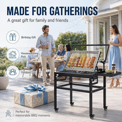 Rotating BBQ Grill with Cart 360° Rotating Cooking Grid Grills Removable Portable Grillfor for Outdoor Barbecues, Picnics, Camping, Places Such As Backyards