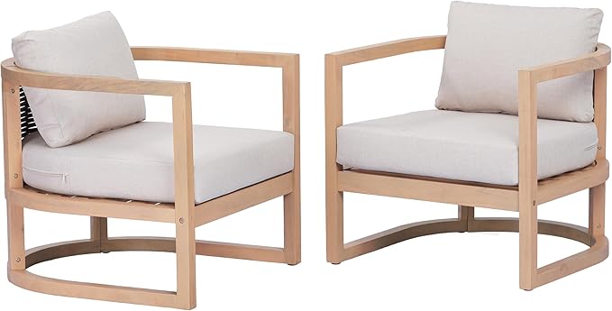 Merax Outdoor Acacia Wood Club Armchair wtih Cushions Set of 2, Patio Sofa Chair with Rattan-Woven Back, Sturdy Base for Porch, Lawn, Backyard, Balcony, Light Teak