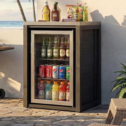 MOUMON Outdoor Mini Fridge Cabinet with Stainless Steel Countertop, 24” Solid Cedar Patio Refrigerator Stand, Dark Grey 27.6”W x 23.6”D x 37.4”H