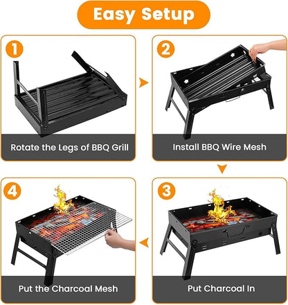 Portable Charcoal Grill, 17.7x11x10in Folding BBQ Grill Lightweight Compact Tabletop Mini Smoker Desktop Charcoal Grill for Camping, Picnics, Garden & Beach Parties, Black