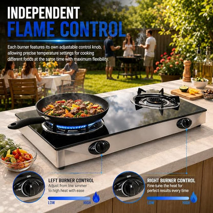 XtremepowerUS 2 Burner Propane Gas Stove, 25,516 BTU Portable Camping Cooktop with Auto Ignition, Tempered Glass Top, LPG Outdoor Cooking Stove Camping, Tailgating, RV, Emergency & Backyard Cooking