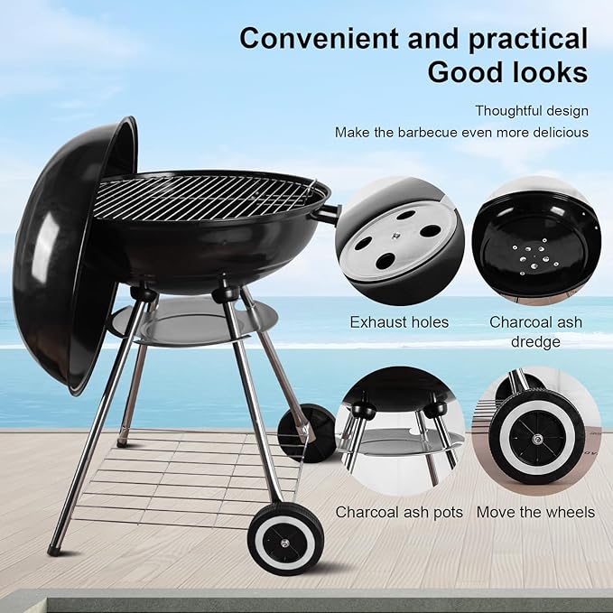 Charcoal Grill - portable BBQ Grill with adjustable air vent, wheels, hanlde - Charcoal Kettle Grill for outdoor, camping, backyard, picnics, party parties