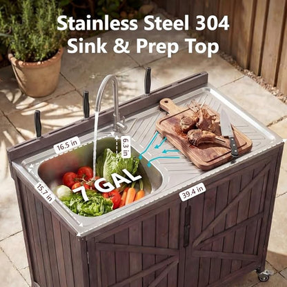 Outdoor Kitchen Island Set, 2 Piece Modular Solid Wood Set, 304 Sink Stainless Steel Station with Faucet, Drawer, 2 Door Shelves, Outdoor Storage Cabinet with Wheels for Backyard, Patio, Dark Brown