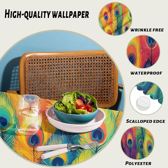 Peacock Feathers Decorative Rectangle Table Cloth Oil Painting Rainbow Feather Rectangle Kitchen Table Cover Oblong Tablecloth for Dining Table Buffet Parties Patio Camping 52" x 70" 4-6 Seats