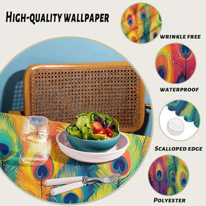 Peacock Feathers Decorative Rectangle Table Cloth Oil Painting Rainbow Feather Rectangle Kitchen Table Cover Oblong Tablecloth for Dining Table Buffet Parties Patio Camping 52" x 70" 4-6 Seats