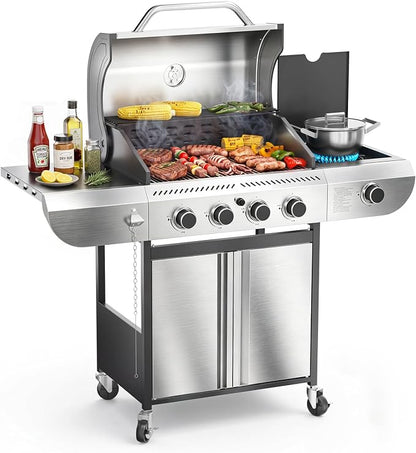 Electactic 4-Burner Gas Grill with Side Burner, Stainless Steel Propane Grill with Built-In Thermometer, 42000BTU BBQ Grill for Outdoor Cooking, Patio and Backyard Barbecues