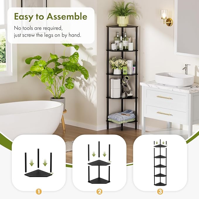 Black Corner Shelf, Industrial 5-Tier Corner Bookshelf, Plant Display Shelf, Free Standing Shelf Storage Organizer, Small Bookcase for Small Spaces, Bedroom, Living Room, Office, Kitchen