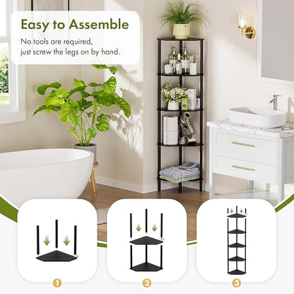 Black Corner Shelf, Industrial 5-Tier Corner Bookshelf, Plant Display Shelf, Free Standing Shelf Storage Organizer, Small Bookcase for Small Spaces, Bedroom, Living Room, Office, Kitchen