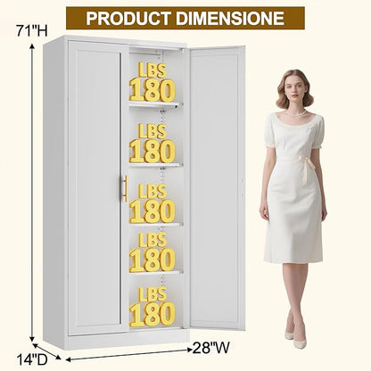 CJF White Kitchen Pantry Cabinet,71 Inch Tall Metal Storage Cabinet with 4 Adjustable Shelves and Doors, Freestanding Pantry Cabinet for Kitchen, Living Room, Dining Room, Bathroom, Easy to Assemble
