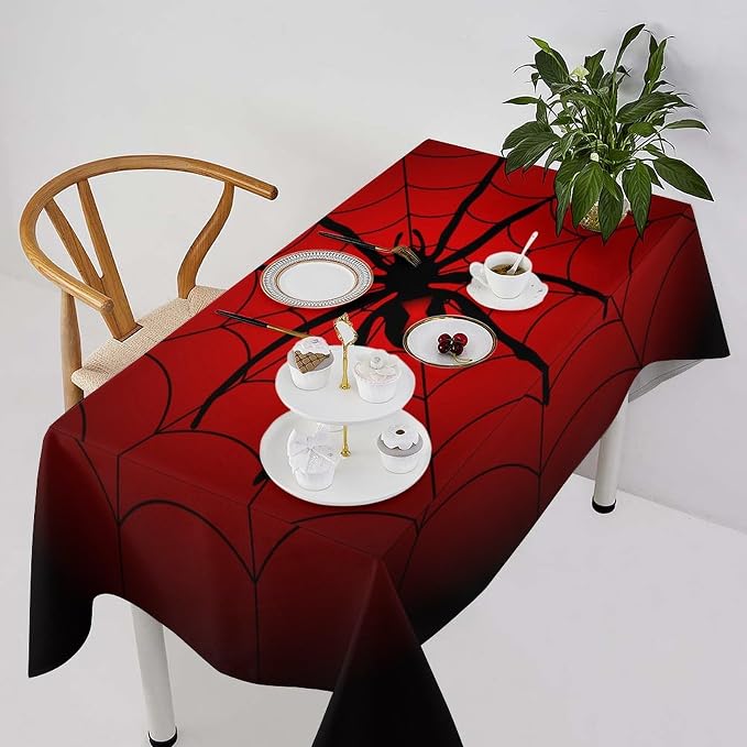 Spider Web Tablecloth, Big Spider Black Spiderweb Water Resistant Wipeable Table Cover for Picnic Party Holiday Kitchen Dinner Table 55"x55"