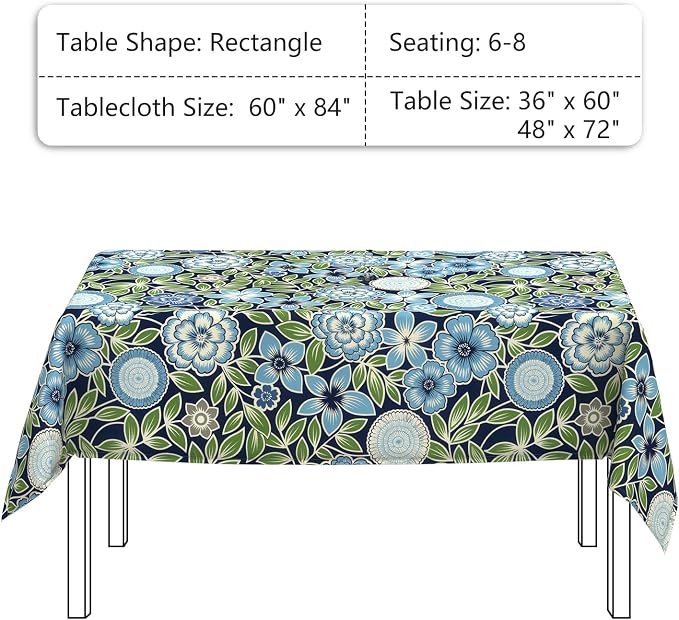 LVTXIII Rectangle Outdoor Tablecloth with Umbrella Hole and Zipper, Water-Repellent 60 x 84 Inch Patio Table Cover for Picnic, Garden, Backyard Dining, Botanical Blues
