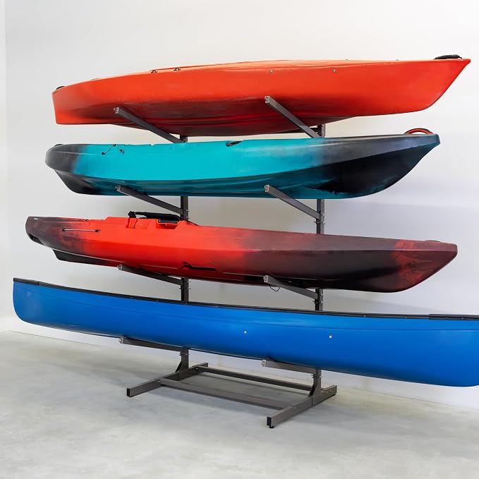 Teal Triangle Adjustable Freestanding Kayak Storage Rack, Holds 4 Kayaks | Outdoor Kayak Rack, Paddle Board Holder, Canoe Rack, Kayak Stand, Felt Padded Arms, Weather Resistant Steel