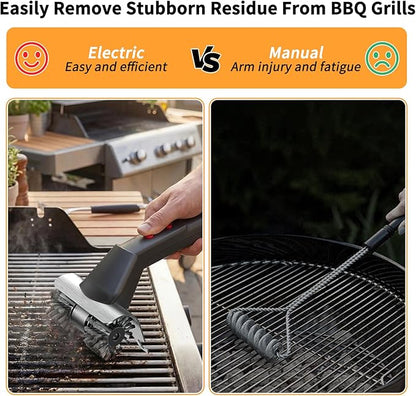 Cordless Electric Grill Brush for Outdoor - Waterproof BBQ Grill Cleaner with Lights Water Spray - Grill Cleaning Brush for Burnt-On Grease&BBQ Grates, 90 Mins Runtime, 2 Stainless Heads Refill