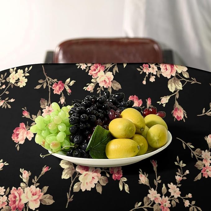 Vintage Flower Tablecloth, Black Pink Garden Florals Rustic Roses Boho Botanical Plant Water Resistant Wipeable Table Cover for Picnic Party Holiday Kitchen Dinner Table 60"x120"