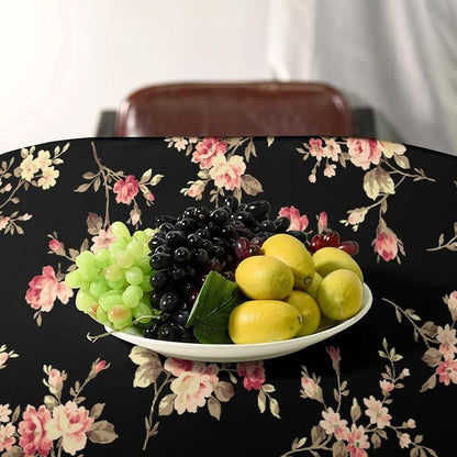Vintage Flower Tablecloth, Black Pink Garden Florals Rustic Roses Boho Botanical Plant Water Resistant Wipeable Table Cover for Picnic Party Holiday Kitchen Dinner Table 60"x120"