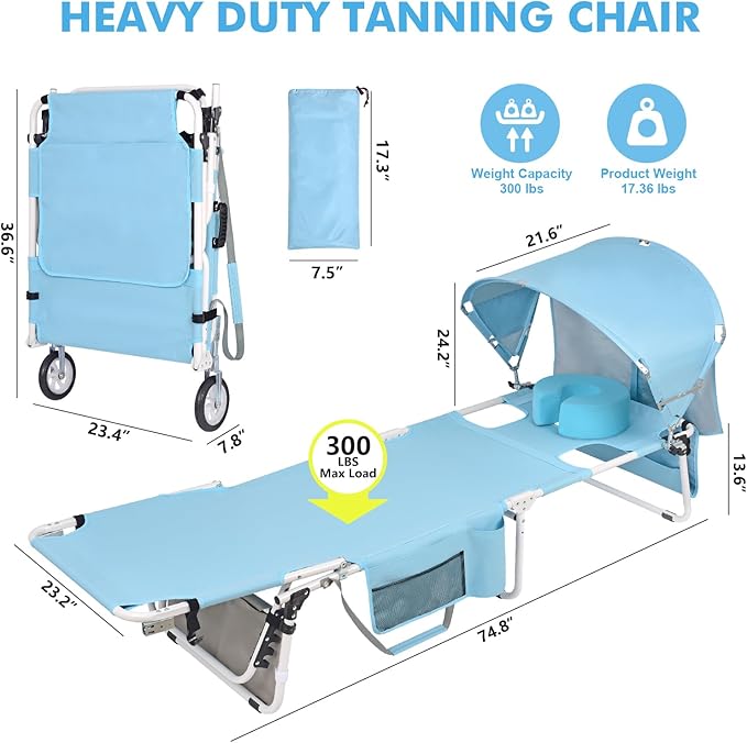 Wheel-To-Go Tanning Chair with Wheels Sun Canopy Umbrella Face Hole Thicker Washable Adjustable, Heavy Duty Folding Lay Flat Sun Lounge Chair Beach Outside Sunbathing Reading, UPF 50+ (Patent Design)