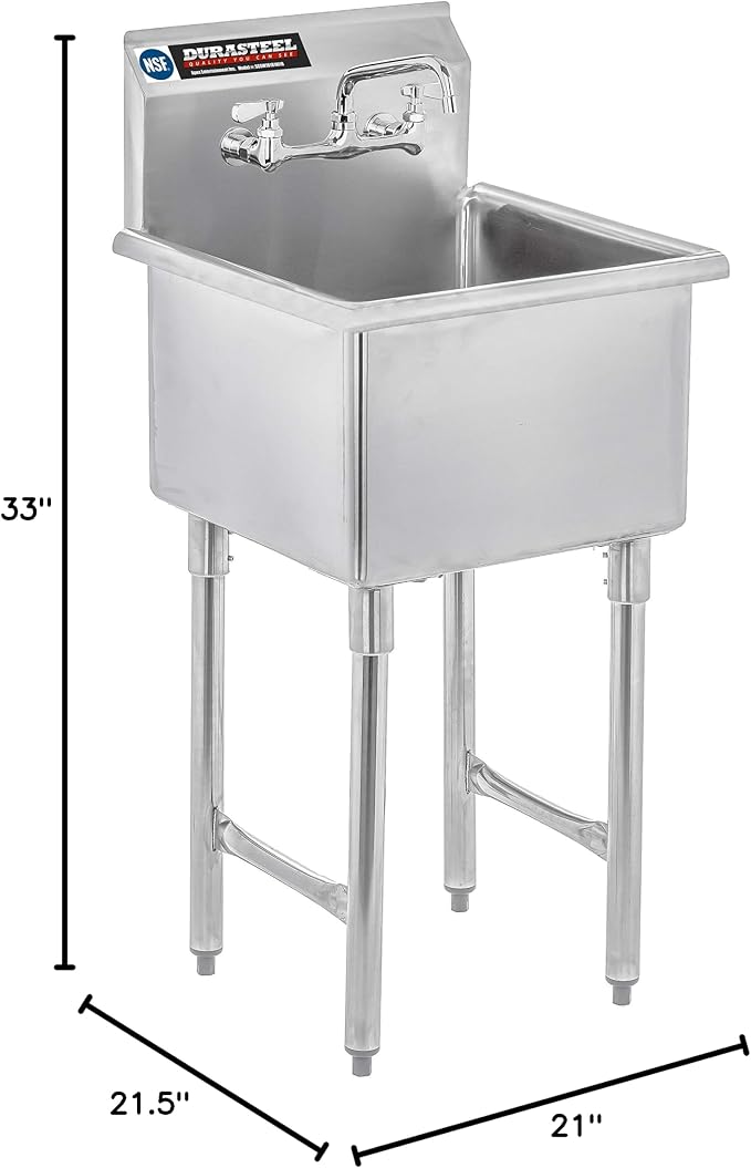 DuraSteel 304 Commercial Stainless Steel Utility Sink - 18 Inch Tub Freestanding Prep Kitchen Sink w/ Faucet - NSF Hand Wash Station for Kitchen Sinks, Outdoor, Laundry Room, Garage Small Kitchenette