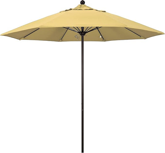 California Umbrella 9' Round Aluminum/Fiberglass Umbrella, Push Open, Bronze Pole, Sunbrella Wheat Fabric