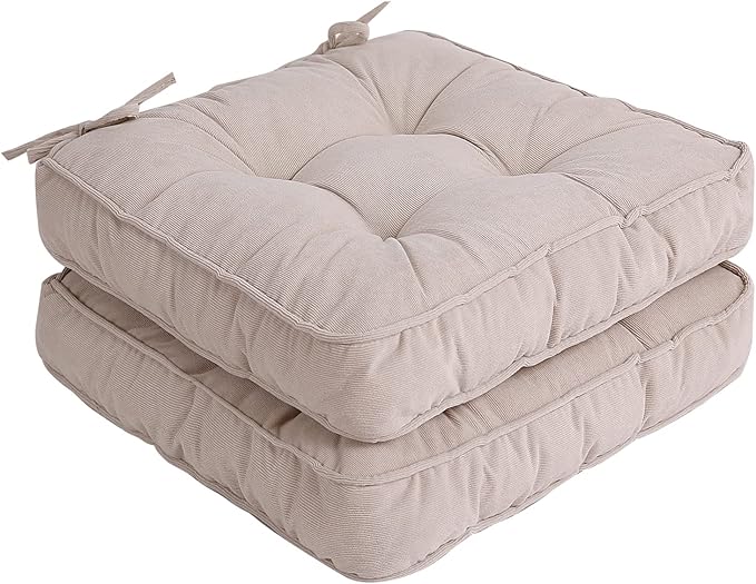 Tiita Patio Chair Pads Cushions 18x18 Inch Square Floor Pillows Pad for Outdoor Kitchen Dining Chairs with Ties Set of 2 (Beige, 2 Count (Pack of 1))