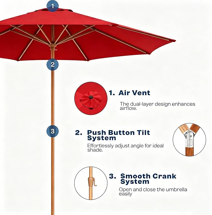 9ft Outdoor Patio Umbrella, Market Table Umbrella with Crank and Easy Push Button Tilt, Wood Grain Frame, UPF 50+ for Pool, Garden, Deck, Backyard