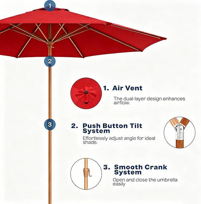 9ft Outdoor Patio Umbrella, Market Table Umbrella with Crank and Easy Push Button Tilt, Wood Grain Frame, UPF 50+ for Pool, Garden, Deck, Backyard