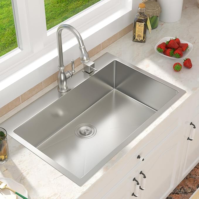33 Inch Drop in Kitchen Sink-33x19 Drop in Kitchen Sink 18 Gague Topmount Stainless Steel Single Bowl Handmade Sinks Large Deep Basin 33"x19"x9"