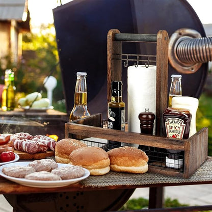 J JACKCUBE DESIGN Rustic Wood Tabletop Organizer for Outdoor Dining, Grill, BBQ Condiment, Spices, Spatula, Tong, Utensil Holder and Paper Towel Serving Caddy - MK718A (Rustic Wood)