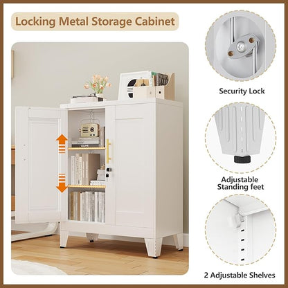 GAIOUS 36" Metal Floor Storage Cabinet, Locked Steel Storage Cabinets with 2 Doors and 2 Adjustable Shelves, White Kitchen Cabinet, Freestanding Cabinet for Home/Office/Garage/Tool Room/Bathroom