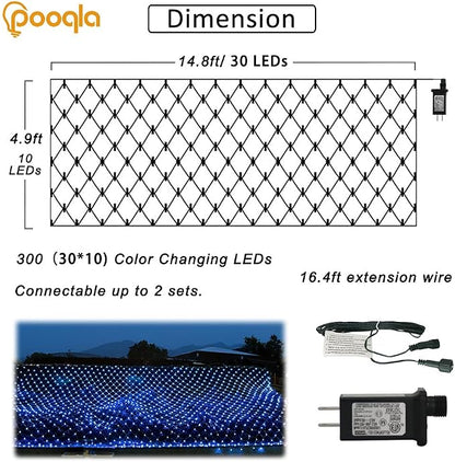 Pooqla Blue Net Lights, 15x 5ft Christmas Bush Lights Outdoor Green Wire | 300 LED Large Net Mesh Lights Plug in, 8 Modes Waterproof Connectable Bushes Lights for Halloween Hedge Yard Decor