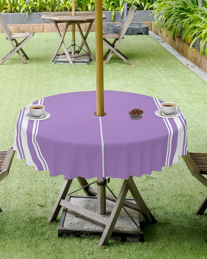 QueenKer Farmhouse Outdoor Tablecloth with Umbrella Hole, Purple White Stripe Round Tables Zippered Table Cloth Waterproof Tabletop Table Cover Collection for Patio, Garden, Picnic, Camping, Dining