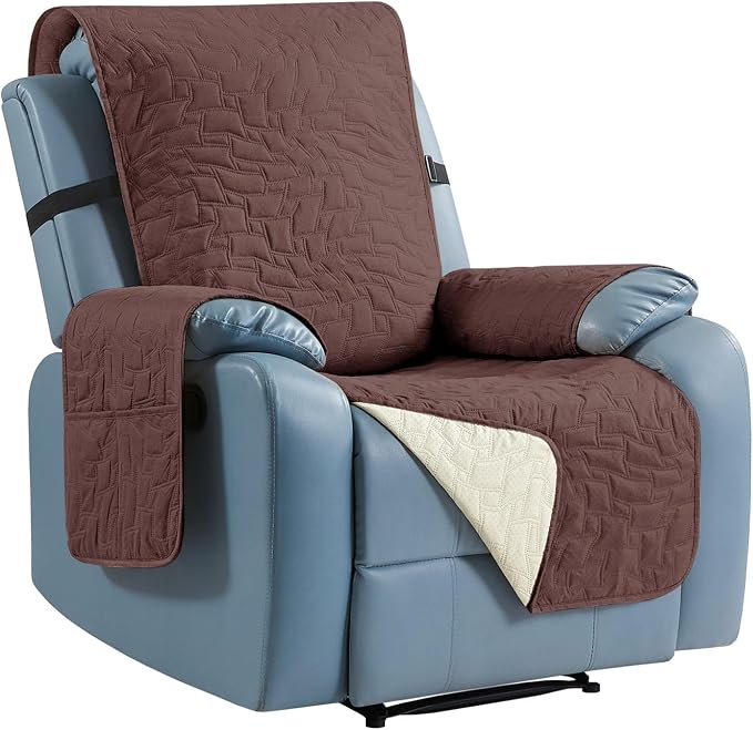 CUCRAF Non Slip Quilted Sofa Cover, Water Resistant Slipcover Furniture Protector for 1 Cushion Sofa Pet Friendly, Washable Couch Cover with Adjustable Elastic Straps (Small Recliner, Coffee)