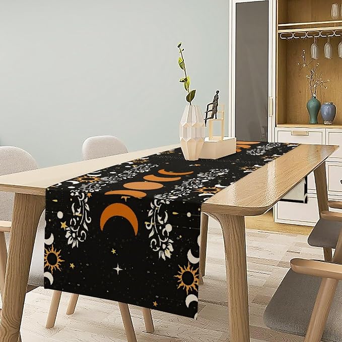 Boho Moon Phase Flower Kitchen Table Runner Non-Slip Rectangle Kitchen Black Bohemian Floral Printed Pattern for CoffeeDiningPartyWedding Table 13x36Inch