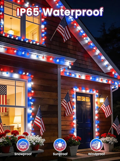 2-Pack 80 LED Red White and Blue Solar String Lights Outdoor - Waterproof 39FT Globe LED Solar Patriotic American Flag Lights with 8 Modes, 4th of July Decorations for Independence Day Memorial Day