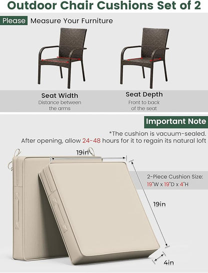 Outdoor Chair Cushion 19 x 19 x 4 Inches Patio Furniture Outdoor Waterproof Seat Cushion, Patio Chair Cushion with Handles and Ties, Square Dining Chair Cushion Set of 2, Cream