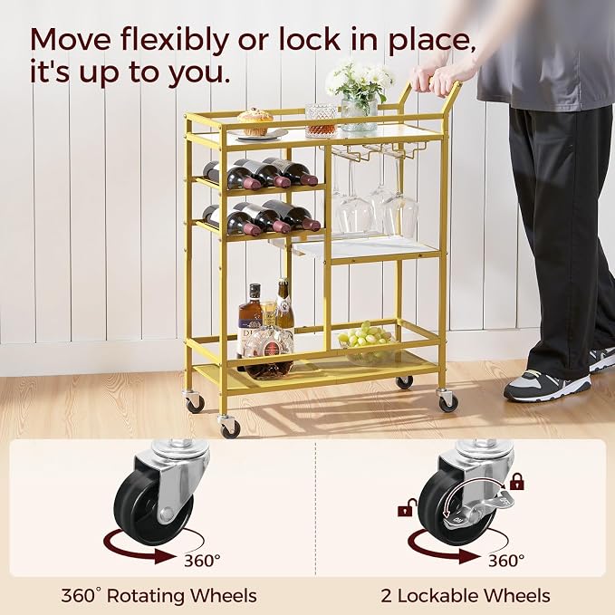 MAHANCRIS Bar Cart for Home, 3-Tier Serving Cart with Mirrored Top, Beverage Cart with Wine Rack and Glass Holder, Drink Cart with Wheels, for Dining Room, Living Room, Gold and White RCJM7101