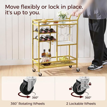 MAHANCRIS Bar Cart for Home, 3-Tier Serving Cart with Mirrored Top, Beverage Cart with Wine Rack and Glass Holder, Drink Cart with Wheels, for Dining Room, Living Room, Gold and White RCJM7101